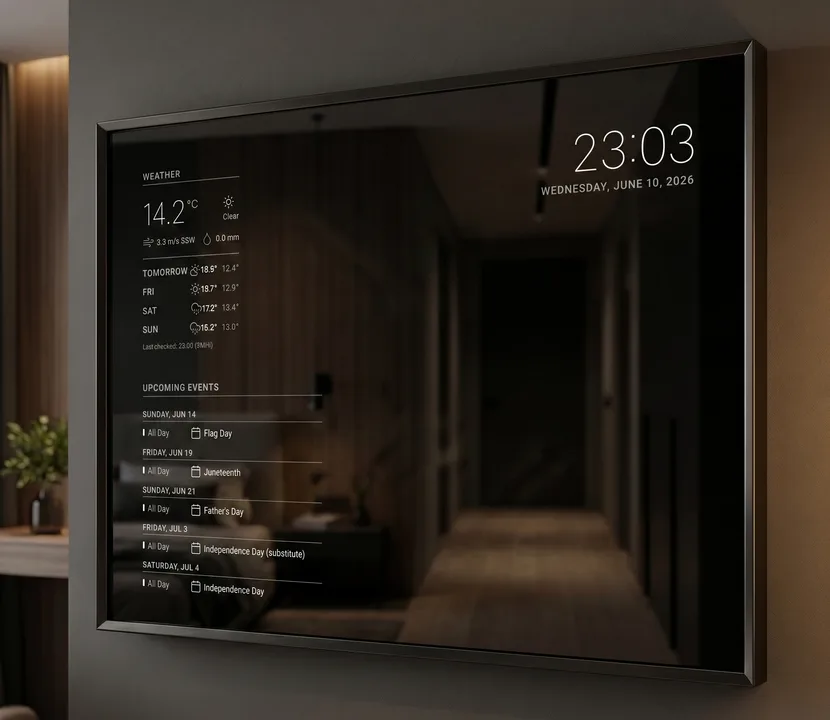 A smart mirror: a framed two-way mirror in a hallway, with the weather, a calendar and the time shining through the glass